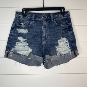 American Eagle Outfitters Mom Shorts Stretch Distressed Destroyed Dark Wash Sz 6